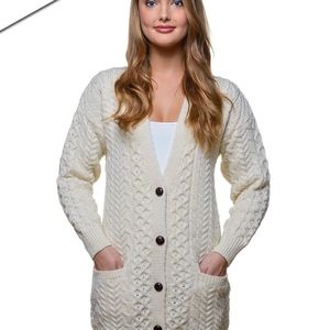 Women’s Long Ivory V Neck Irish Fisherman Sweater